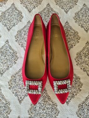J. Crew Red Satin Pointed Toe Flats Size 7.5 NWT